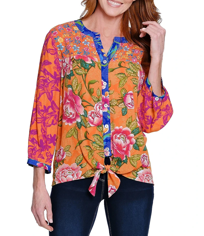 John Mark Printed Split V-Neck 3/4 Sleeve Button Front Blouse