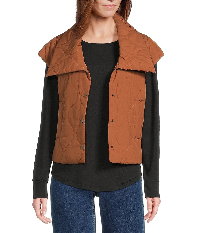 John Mark Quilted Oversized Point Collar Cap Sleeve Snap Front Puff Vest