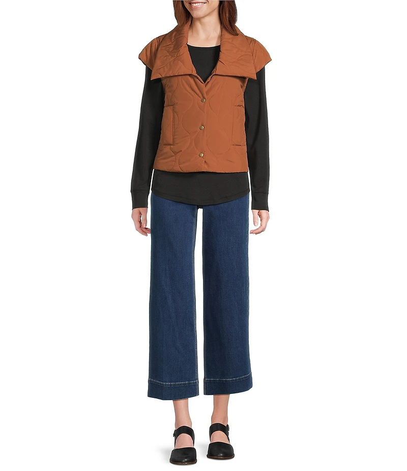 John Mark Quilted Oversized Point Collar Cap Sleeve Snap Front Puff Vest