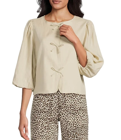 John Mark Round Neck 3/4 Bubble Sleeve Front Bow Ties Jacket