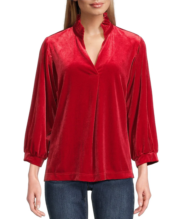 John Mark Ruffle Collar Velvet 3/4 Sleeve Pullover