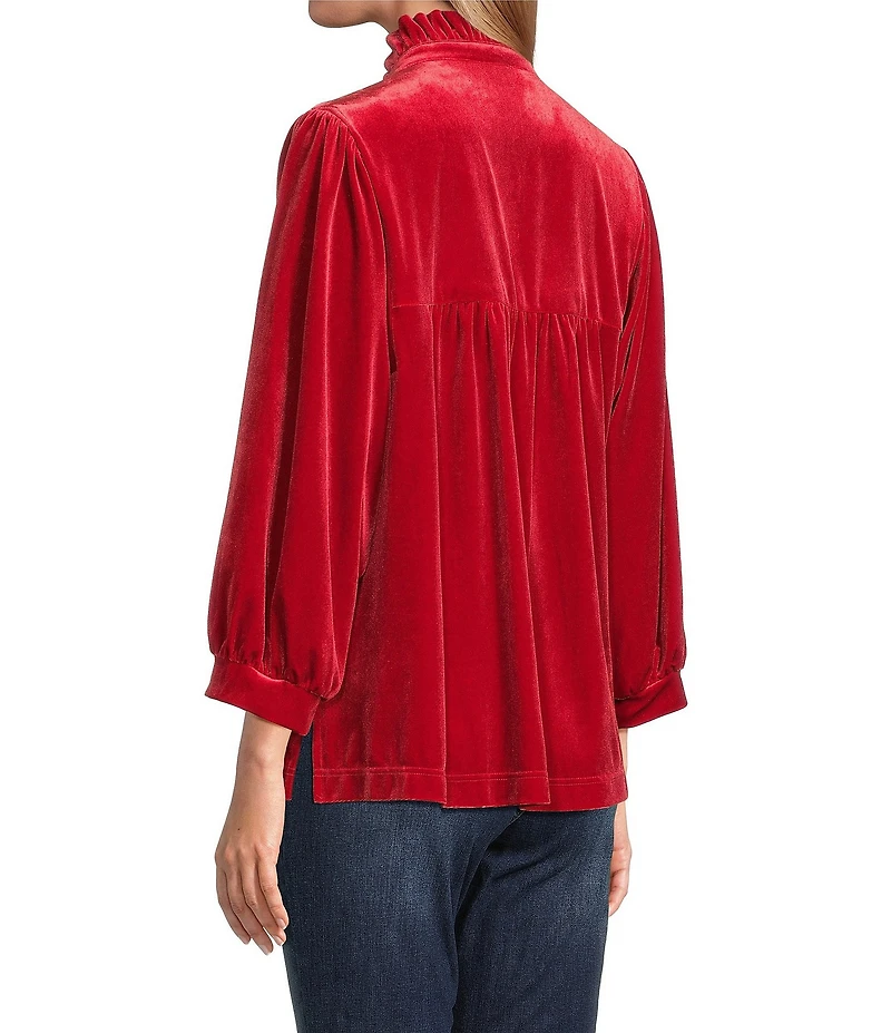 John Mark Ruffle Collar Velvet 3/4 Sleeve Pullover
