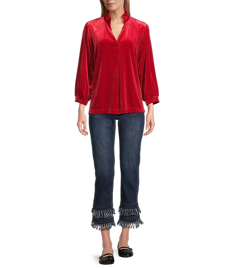 John Mark Ruffle Collar Velvet 3/4 Sleeve Pullover