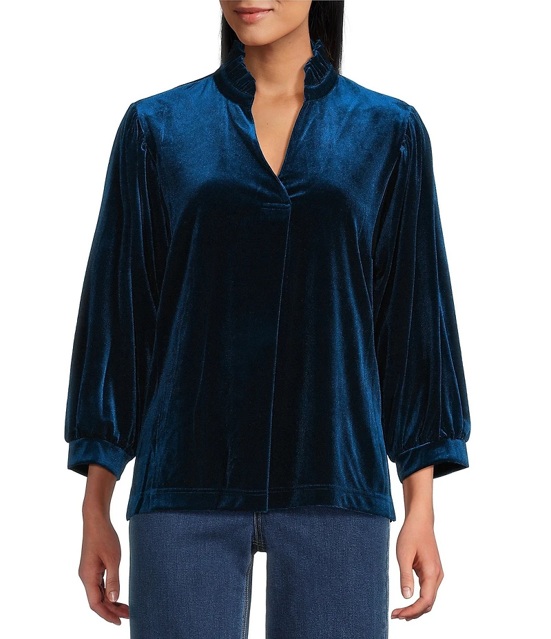 John Mark Ruffle Collar Velvet 3/4 Sleeve Pullover