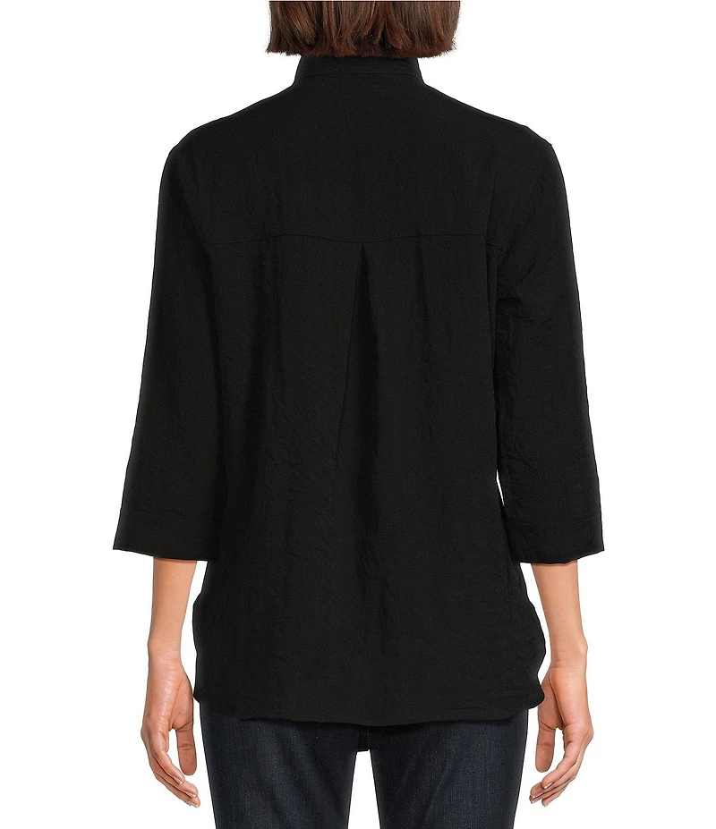 John Mark Solid Woven 3/4 Sleeve Wire Collared Button Front Patch Pocket Camp Shirt