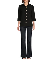 John Mark Solid Woven 3/4 Sleeve Wire Collared Button Front Patch Pocket Camp Shirt