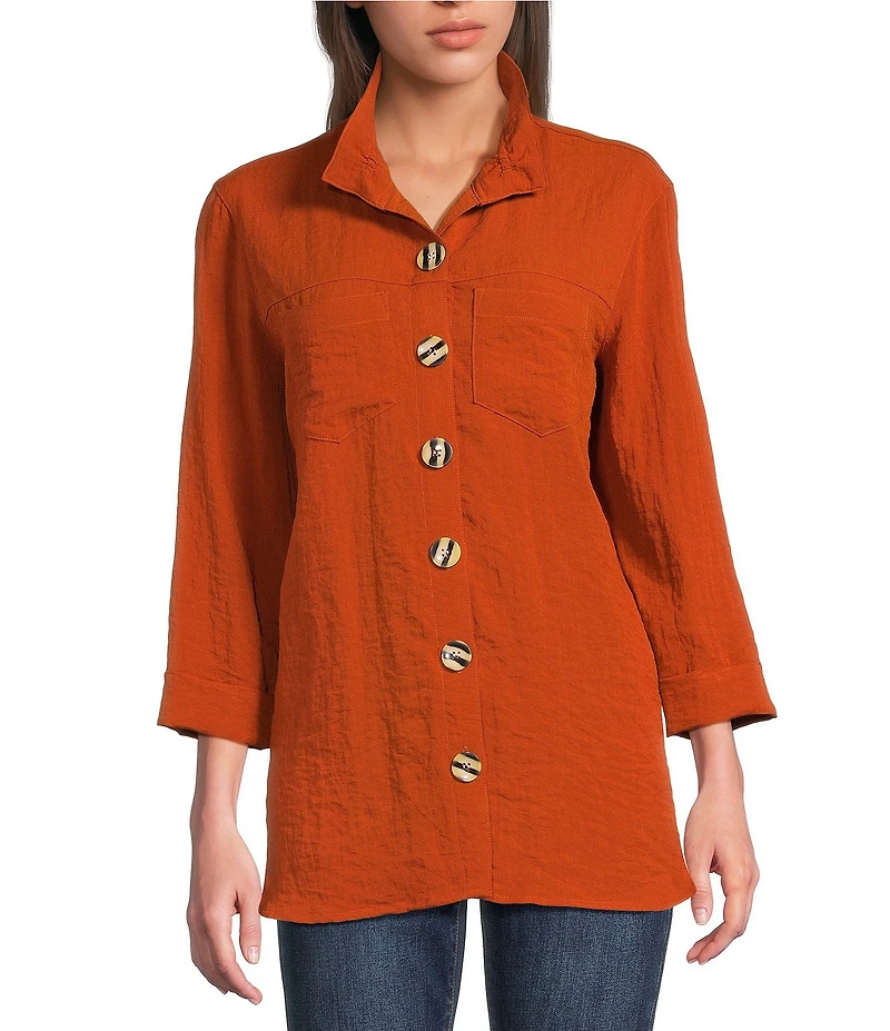 John Mark Solid Woven 3/4 Sleeve Wire Collared Button Front Patch Pocket Camp Shirt