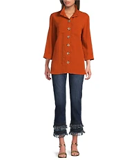 John Mark Solid Woven 3/4 Sleeve Wire Collared Button Front Patch Pocket Camp Shirt