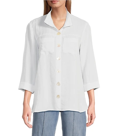 John Mark Solid Woven 3/4 Sleeve Wire Collared Button Front Patch Pocket Camp Shirt