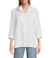 John Mark Solid Woven 3/4 Sleeve Wire Collared Button Front Patch Pocket Camp Shirt