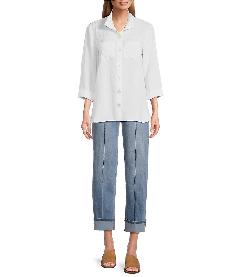 John Mark Solid Woven 3/4 Sleeve Wire Collared Button Front Patch Pocket Camp Shirt