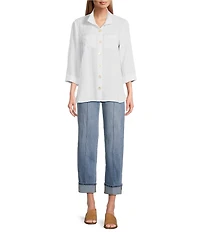 John Mark Solid Woven 3/4 Sleeve Wire Collared Button Front Patch Pocket Camp Shirt