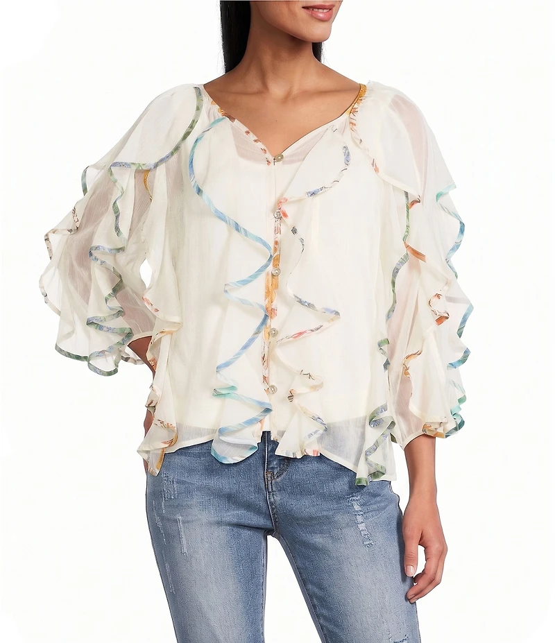John Mark Spacedye Floral Binding V-Neck 3/4 Flounce Sleeve Ruffle Button Front Blouse