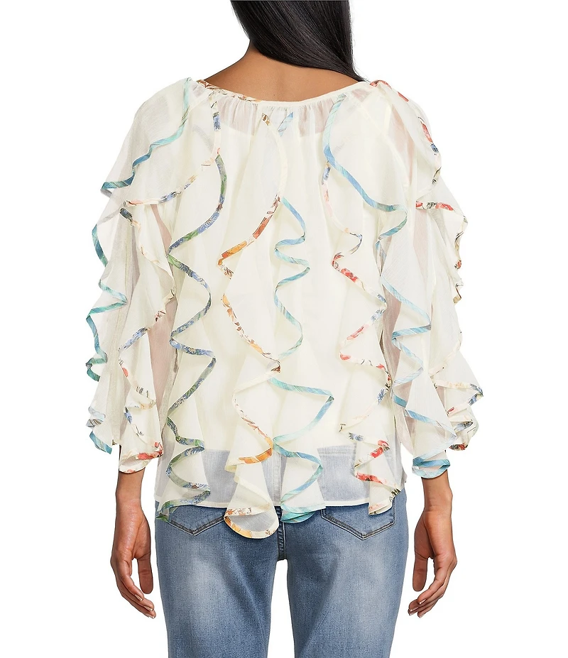 John Mark Spacedye Floral Binding V-Neck 3/4 Flounce Sleeve Ruffle Button Front Blouse