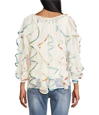 John Mark Spacedye Floral Binding V-Neck 3/4 Flounce Sleeve Ruffle Button Front Blouse