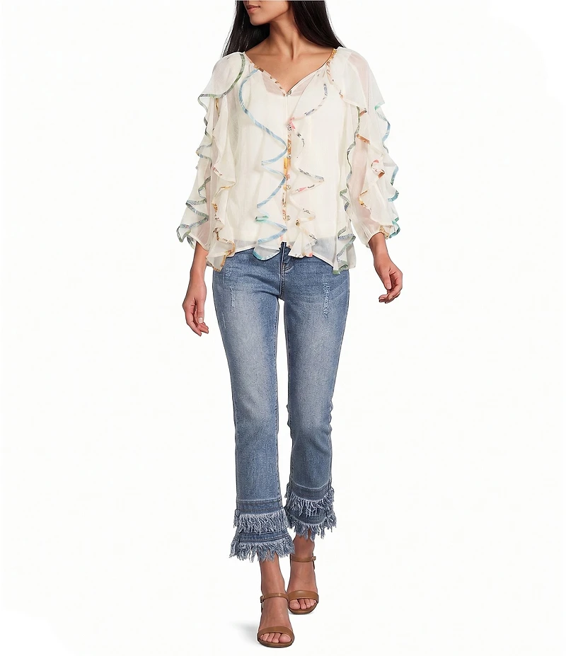 John Mark Spacedye Floral Binding V-Neck 3/4 Flounce Sleeve Ruffle Button Front Blouse