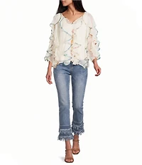 John Mark Spacedye Floral Binding V-Neck 3/4 Flounce Sleeve Ruffle Button Front Blouse