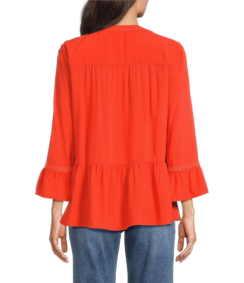 John Mark Split Neck 3/4 Sleeve Embroidered Motif Tunic