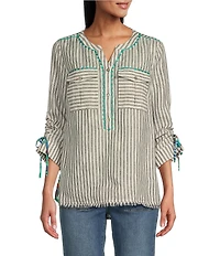 John Mark Stripe Embroidered Banded Collar Chest Pocket 3/4 Sleeve Tunic