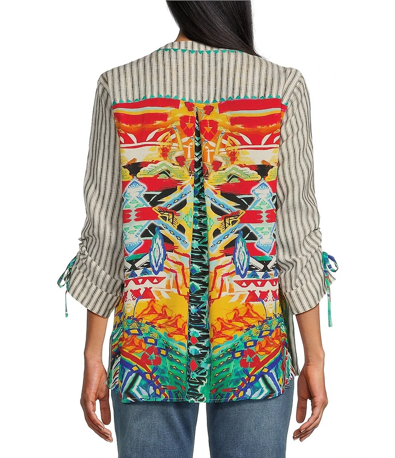 John Mark Stripe Embroidered Banded Collar Chest Pocket 3/4 Sleeve Tunic