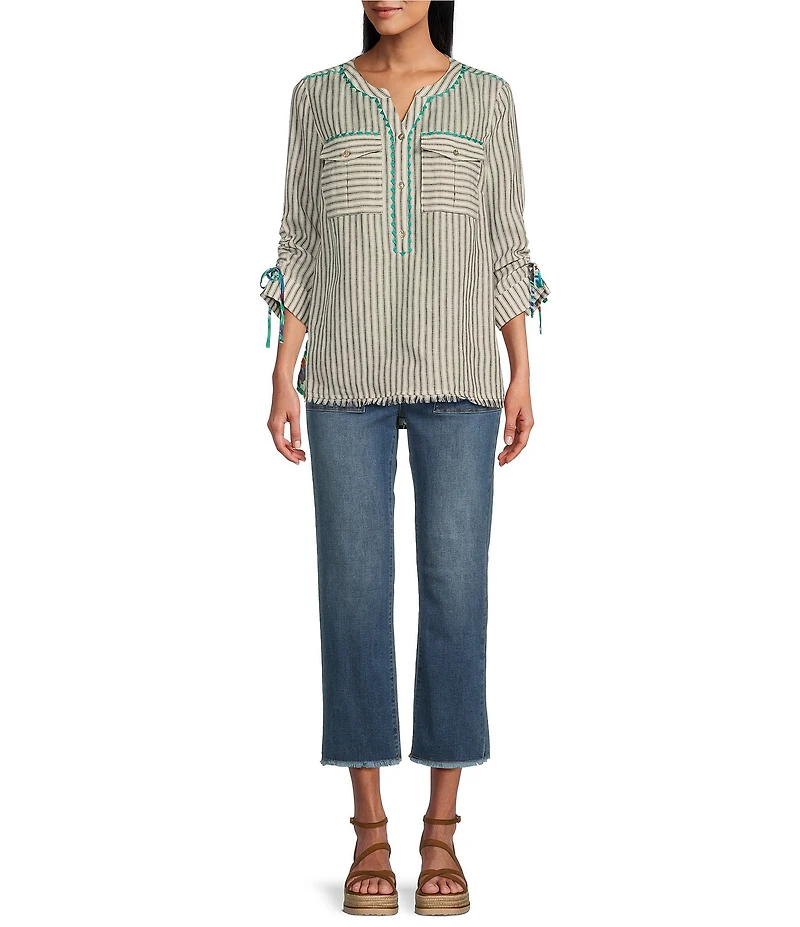 John Mark Stripe Embroidered Banded Collar Chest Pocket 3/4 Sleeve Tunic