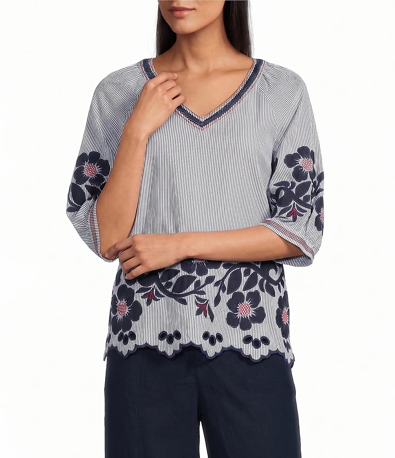 John Mark Stripe Floral Applique Embroidery Eyelet Scalloped Hem Top