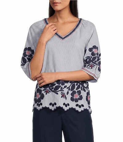 John Mark Stripe Floral Applique Embroidery Eyelet Scalloped Hem Top