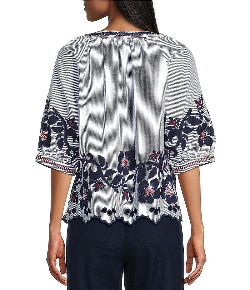John Mark Stripe Floral Applique Embroidery Eyelet Scalloped Hem Top