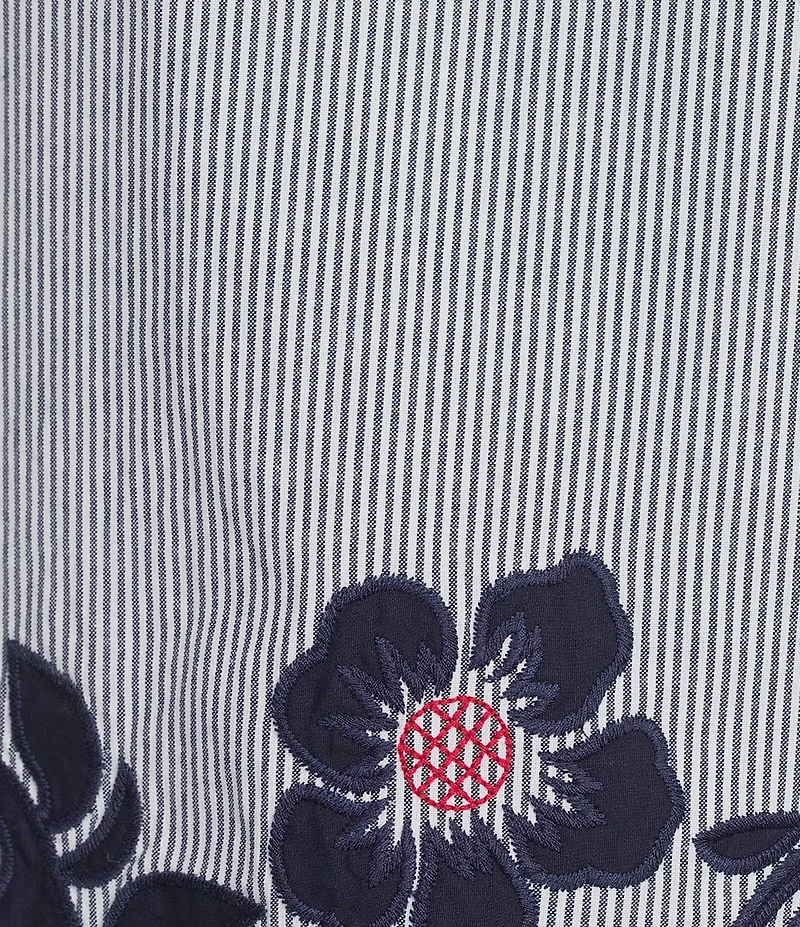 John Mark Stripe Floral Applique Embroidery Eyelet Scalloped Hem Top