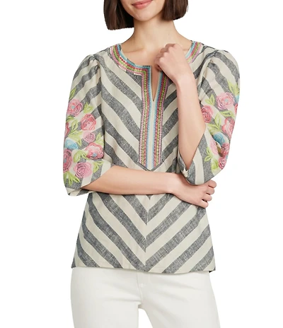 John Mark Stripe Floral Embroidered 3/4 Bubble Sleeve Split Round Neck Tunic