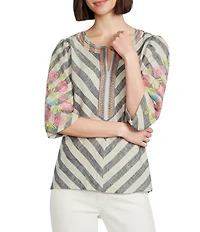 John Mark Stripe Floral Embroidered 3/4 Bubble Sleeve Split Round Neck Tunic