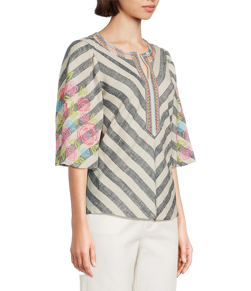 John Mark Stripe Floral Embroidered 3/4 Bubble Sleeve Split Round Neck Tunic