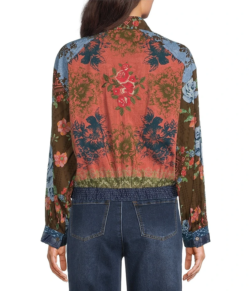 John Mark Textured Woven Floral Embroidered Multi Floral Print Point Collar Long Sleeve Top