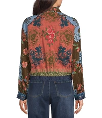 John Mark Textured Woven Floral Embroidered Multi Floral Print Point Collar Long Sleeve Top