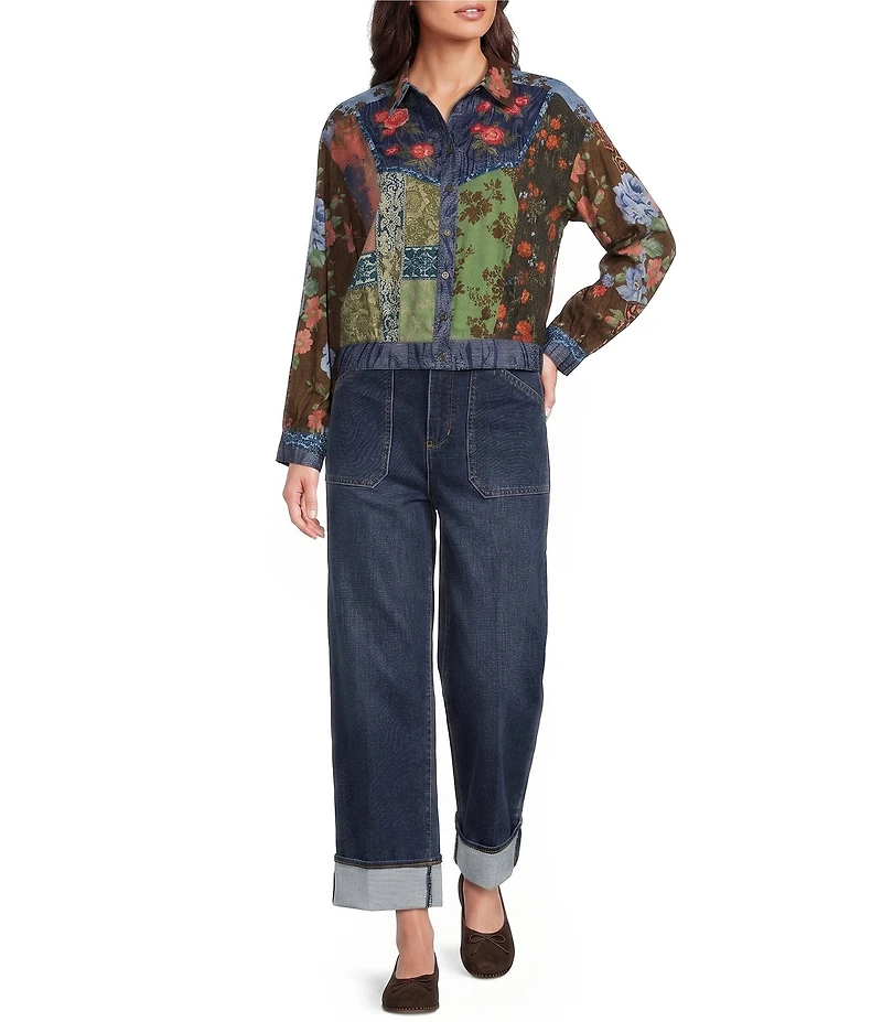 John Mark Textured Woven Floral Embroidered Multi Floral Print Point Collar Long Sleeve Top