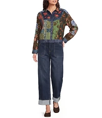 John Mark Textured Woven Floral Embroidered Multi Floral Print Point Collar Long Sleeve Top