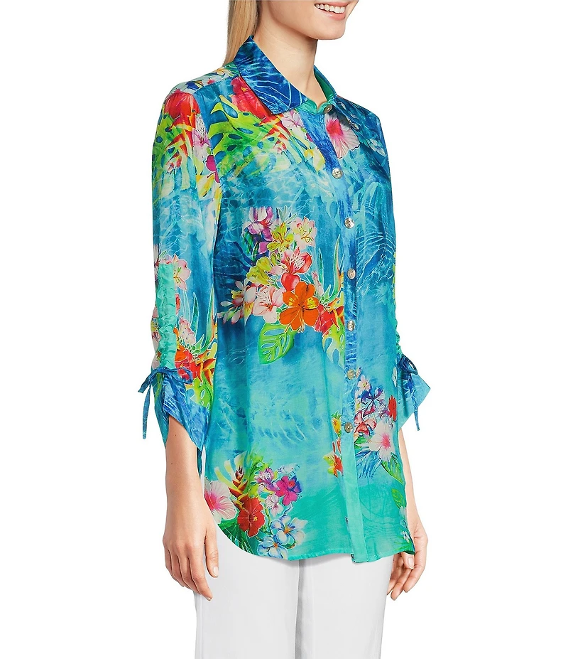 John Mark Tropical Floral Print Point Collar Elbow Cinched Tie Sleeve Button Front Tunic