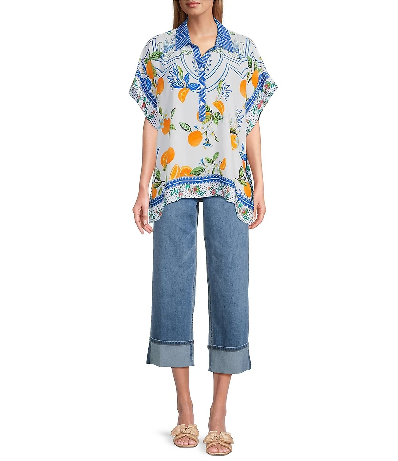 John Mark Tropical Point Collar Short Sleeve Wide Tunic
