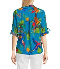 John Mark Tropical Print Cinch Tie Sleeve Button Front Shirt