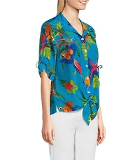 John Mark Tropical Print Cinch Tie Sleeve Button Front Shirt