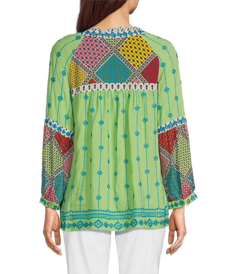 John Mark V-neck Long Sleeve Woven Multi Patchwork Tunic