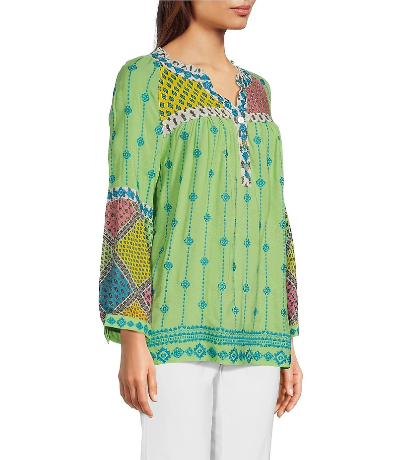 John Mark V-neck Long Sleeve Woven Multi Patchwork Tunic