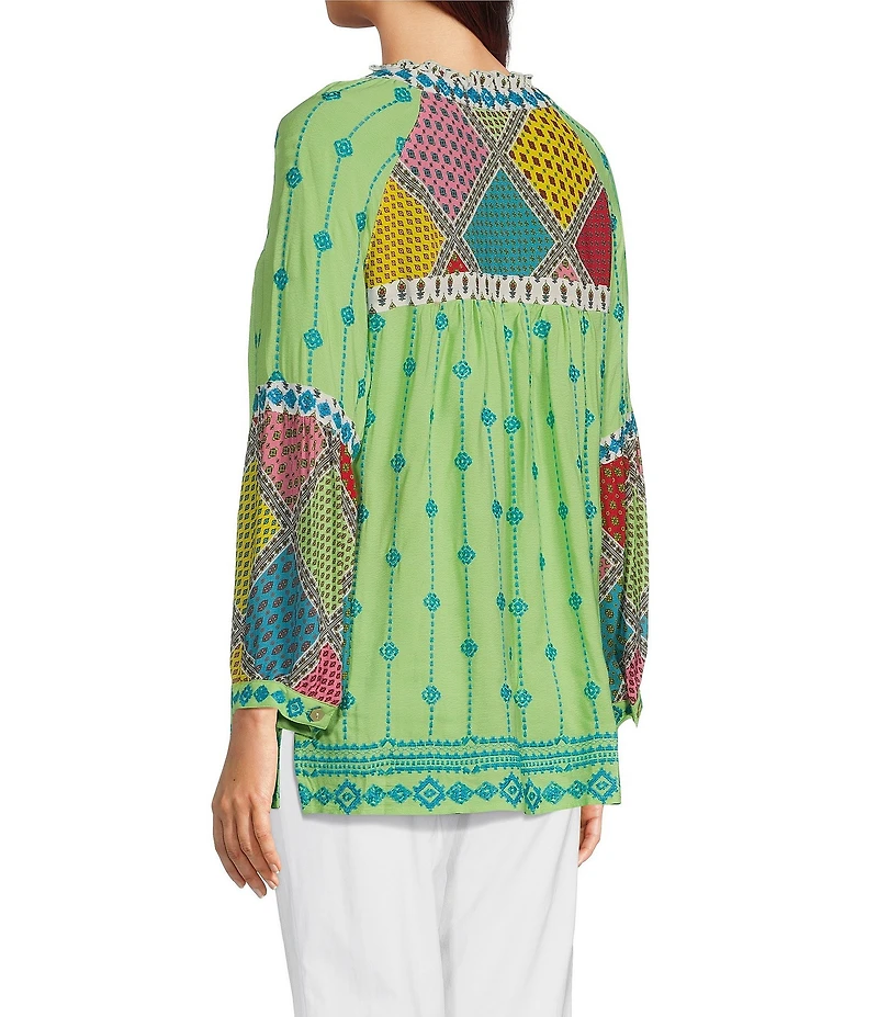 John Mark V-neck Long Sleeve Woven Multi Patchwork Tunic