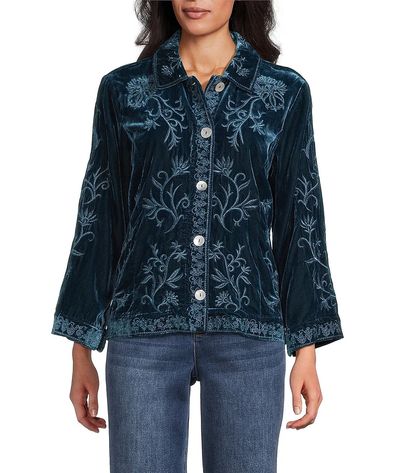 John Mark Velvet Vine Embroidered Point Collar Long Sleeve Button Front Blouse
