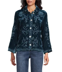 John Mark Velvet Vine Embroidered Point Collar Long Sleeve Button Front Blouse