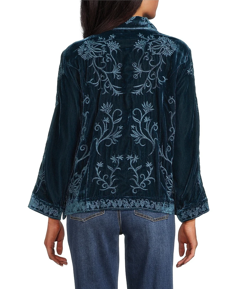 John Mark Velvet Vine Embroidered Point Collar Long Sleeve Button Front Blouse