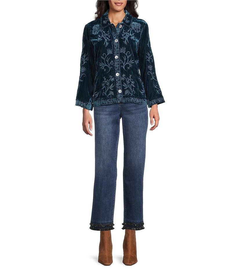 John Mark Velvet Vine Embroidered Point Collar Long Sleeve Button Front Blouse
