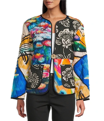 John Mark Watercolor Floral Mix Print Quilted Crew Neck Long Sleeve Button Front Jacket