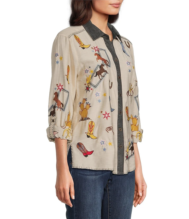 John Mark Western Novelty Point Collar Long-Roll Tab Sleeve Snap Front Shirt