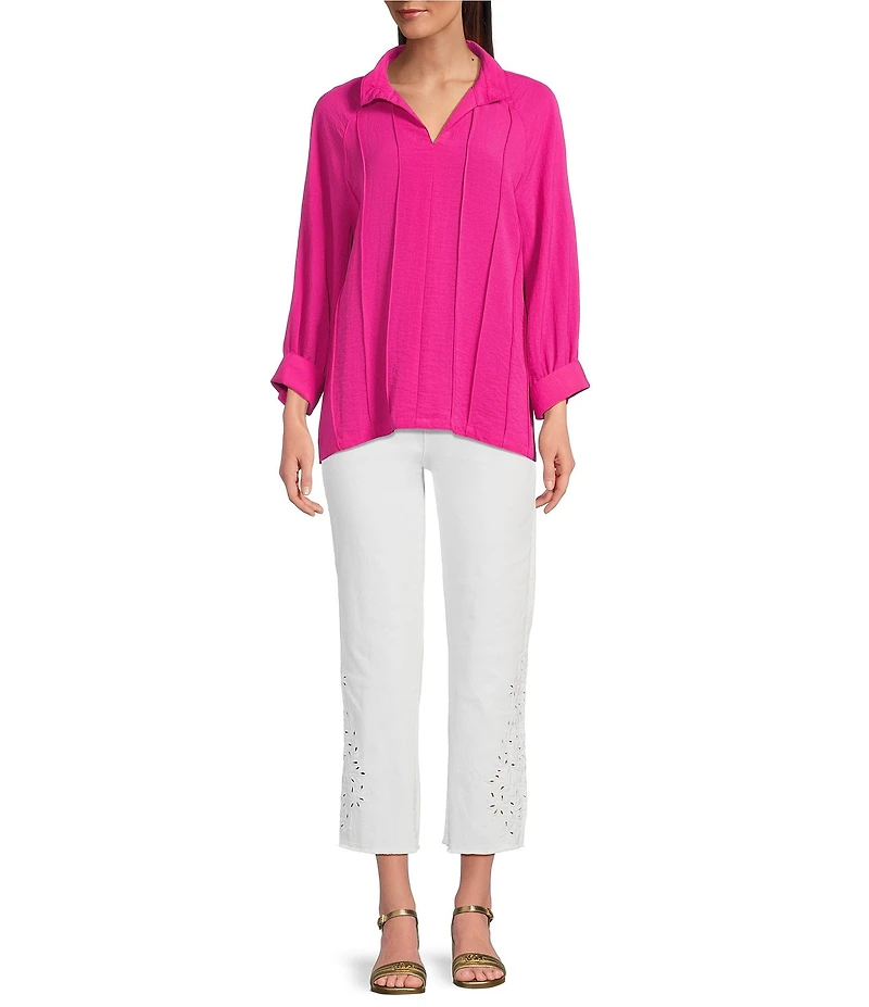 John Mark Wire Collar Split V-Neck 3/4 Sleeve Pintuck Detail Top